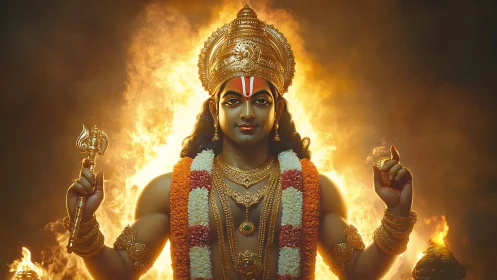 Hindu deity statue with fire halo and ornate gold crown.