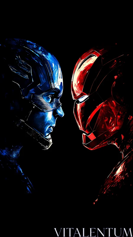 Color-split warriors lock gazes in a neon-lit standoff