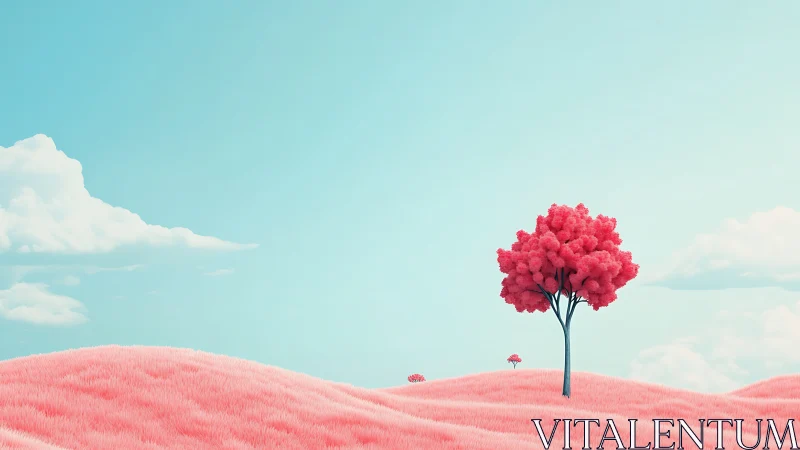 Dreamy pink hillside with a solitary tree under soft skies.