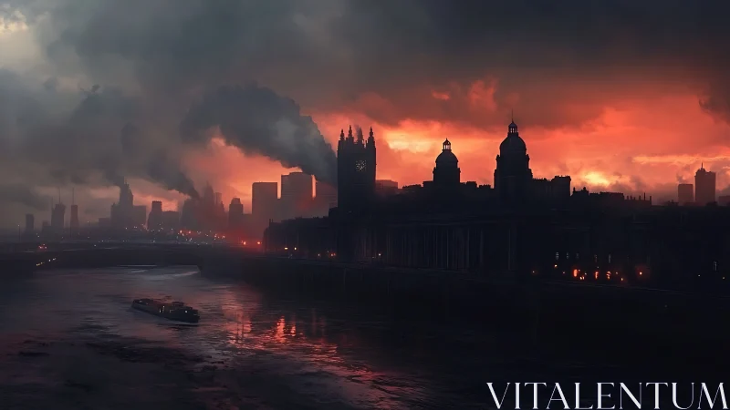 Apocalyptic industrial skyline glows against incendiary dusk