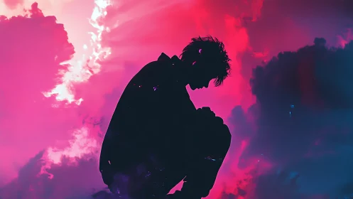 Silhouetted figure against neon magenta and cyan storm clouds