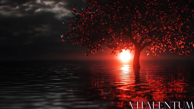 Backlit red tree over reflective water at low sun horizon