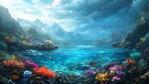Panoramic undersea lagoon merges coral reef and misty peaks