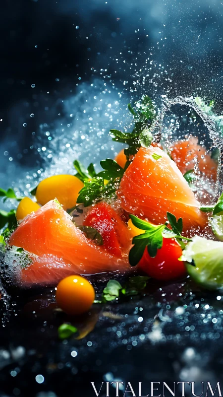 Vibrant salmon salad splashes against dark dramatic backdrop.