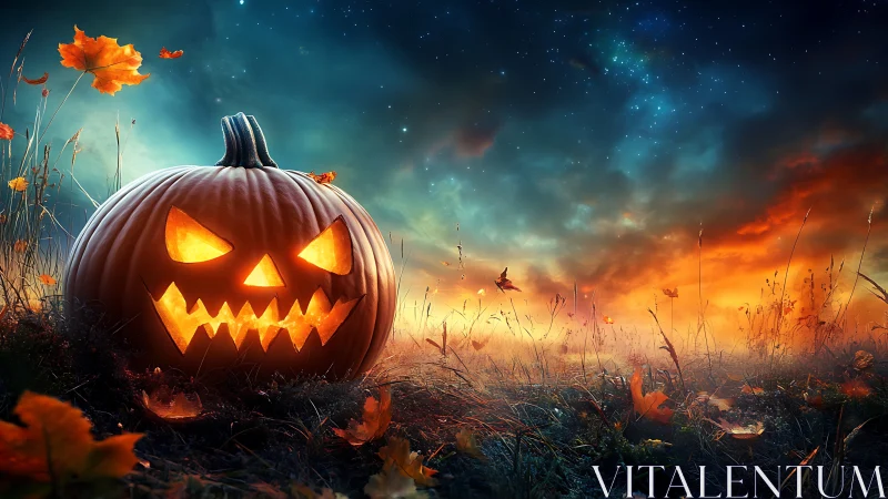 Carved jack-o-lantern sits in autumn field at twilight