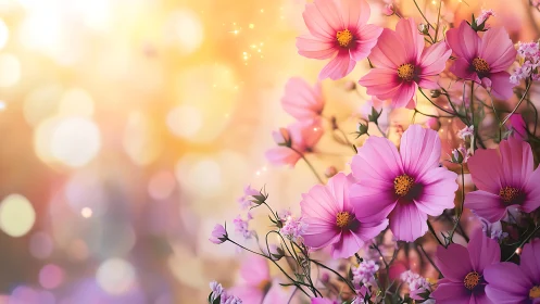Cosmos Bipinnatus Flowers with Golden Hour Bokeh and Atmospheric Luminescence