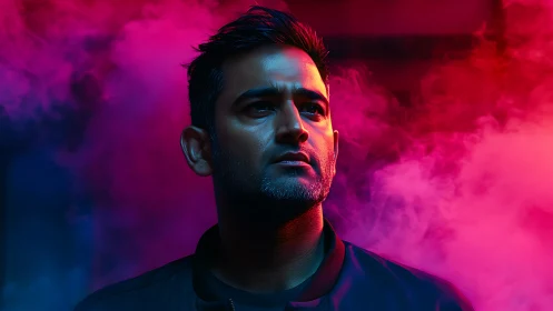 Stoic man framed by neon magenta and cyan smoke clouds.