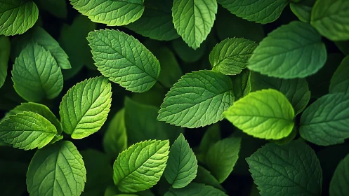 Green foliage close up with layered mint-like leaves.