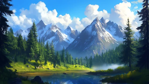 Snowcapped mountain range rising over serene forest lake.