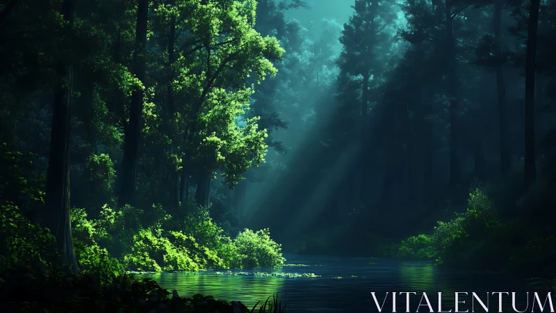 Sunlit Forest River Through Dense Canopy.