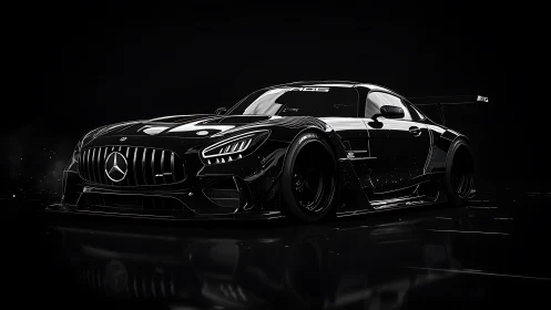 Black Mercedes AMG GT race car in low key studio lighting.