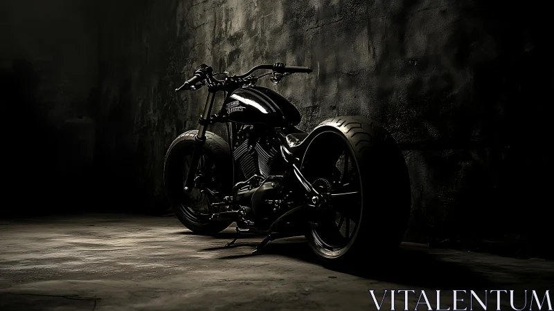 Low-key lit custom V-twin motorcycle in industrial concrete bay