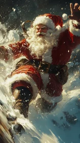 Santa Claus running through deep snow in dynamic motion.