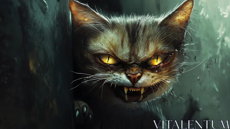 Ferocious cat snarls in shadowy alley, eyes glowing gold.