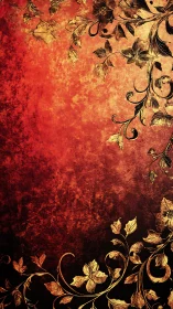 Golden floral swirls on rich red textured background.