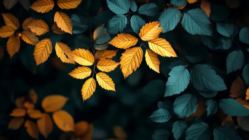 Contrasting teal and amber foliage forms a balanced botanical study