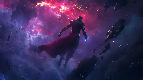 Solitary armored figure in cosmic nebula with drifting rocks.