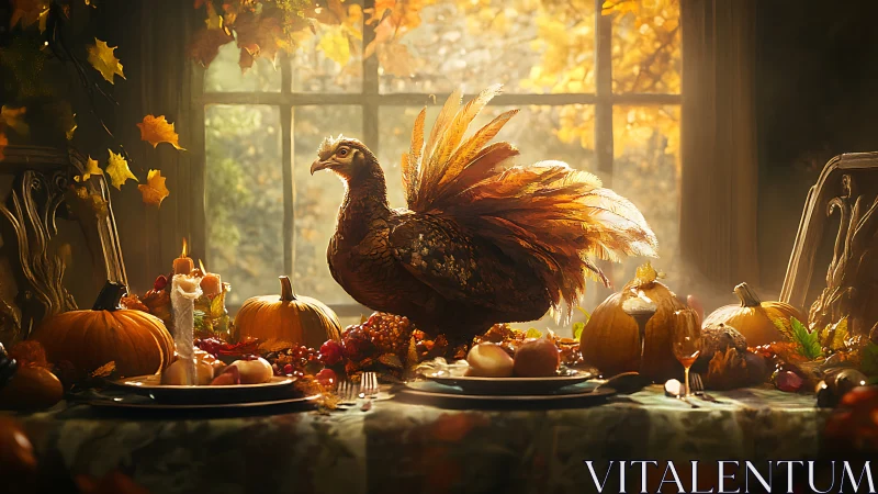 Regal autumn turkey presides over glowing harvest feast.