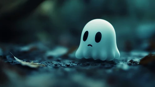 Little lost ghost drifts through a dreamy forest twilight.