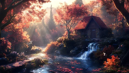 Forest stream and small stone cabin under autumn light.