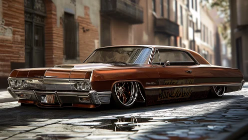 Lowrider classic car glides through a quiet old city street