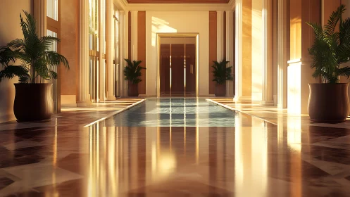 Luxury indoor pool corridor glows with golden sunset light.
