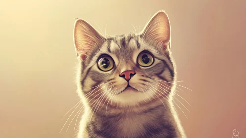 Tabby Cat Portrait: Digital Illustration with Warm Tonal Gradient and Golden-Eyed Expression