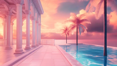 Neoclassical colonnade meets tropical infinity pool at sunset.