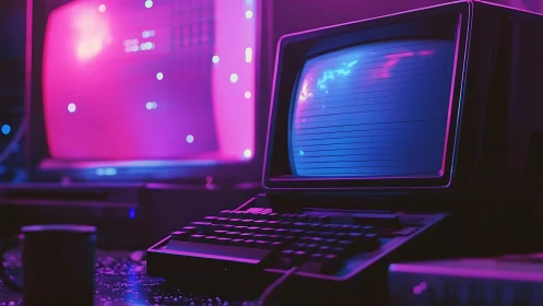 Retro CRT workstation under neon magenta and cyan glow.
