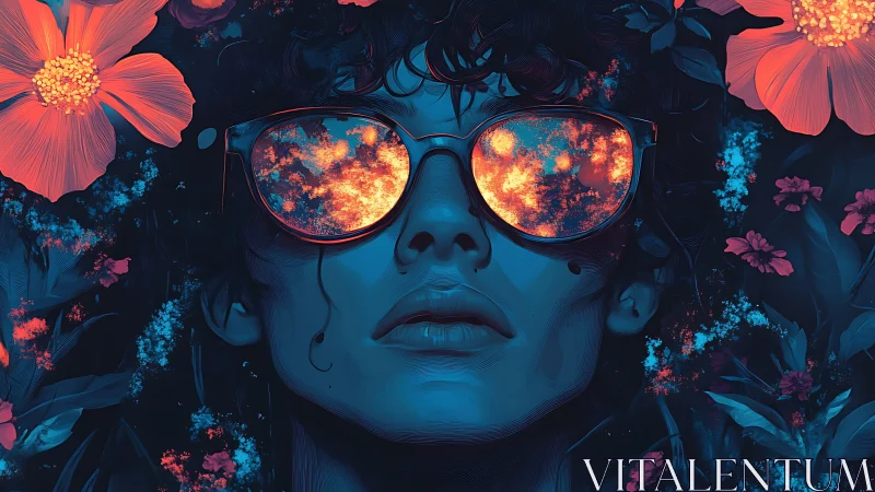 Neon-lit portrait reflects fiery cosmos in mirrored sunglasses