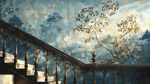 Staircase with mural depicting foliage and distant domes