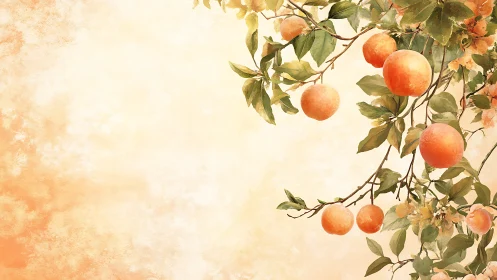 Botanical study of ripe peaches on branching canopy geometry.