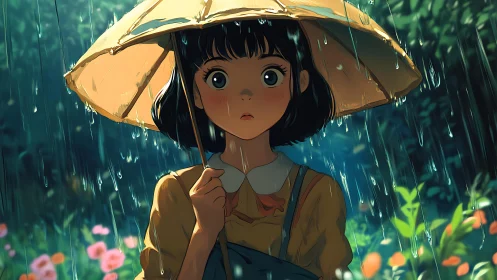 Wide eyed girl under a sunny umbrella in soft summer rain.