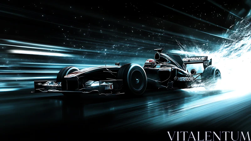 Sleek racing car blazing through neon night speedway.