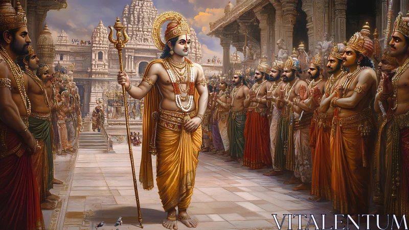 Radiant temple monarch strides through a golden court of kings.