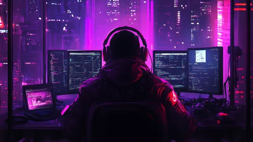 Hooded programmer monitors multiple code screens in neon light