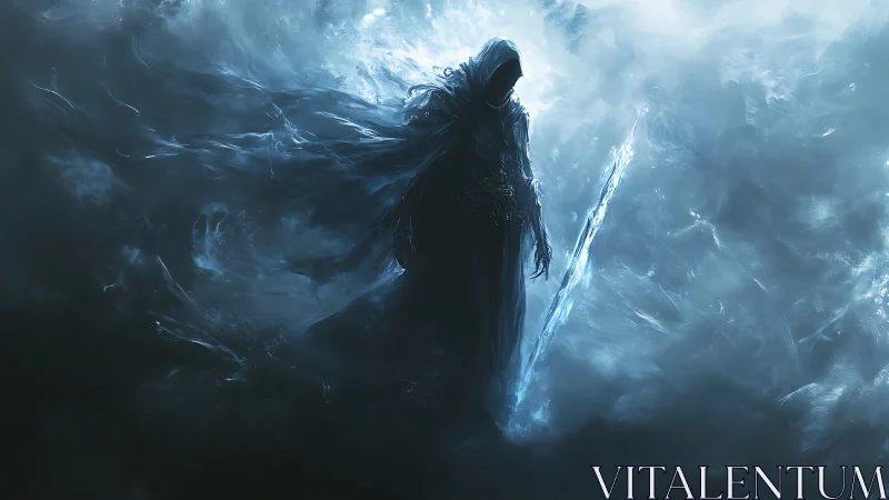 Hooded spectral warrior stands in glacial mist with ethereal blade