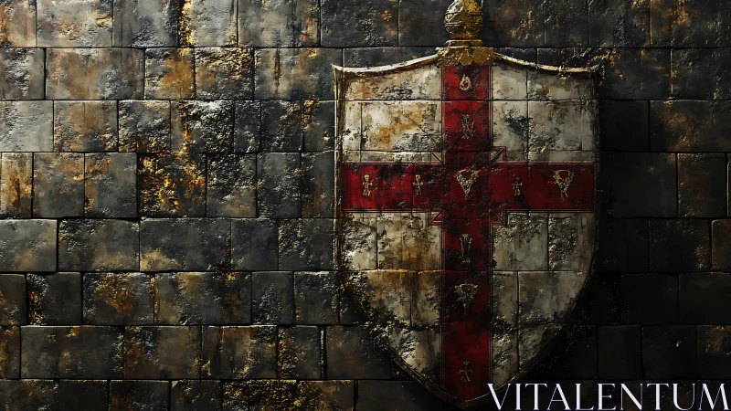 Weathered crusader shield hangs on dark stone fortress wall