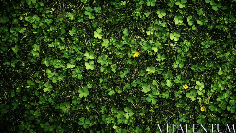 Clover ground cover with scattered yellow flower accents.