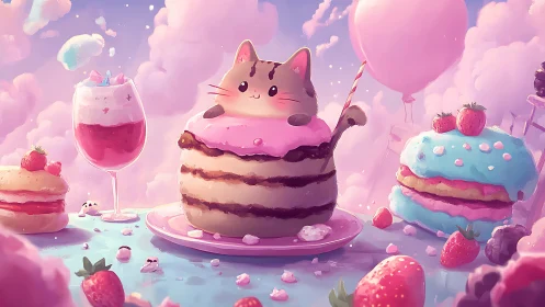 Cat-Shaped Cake in Whimsical Pastel Dessert Dreamscape