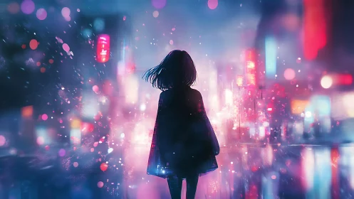 Silhouetted girl overlooks neon city in luminous bokeh haze.