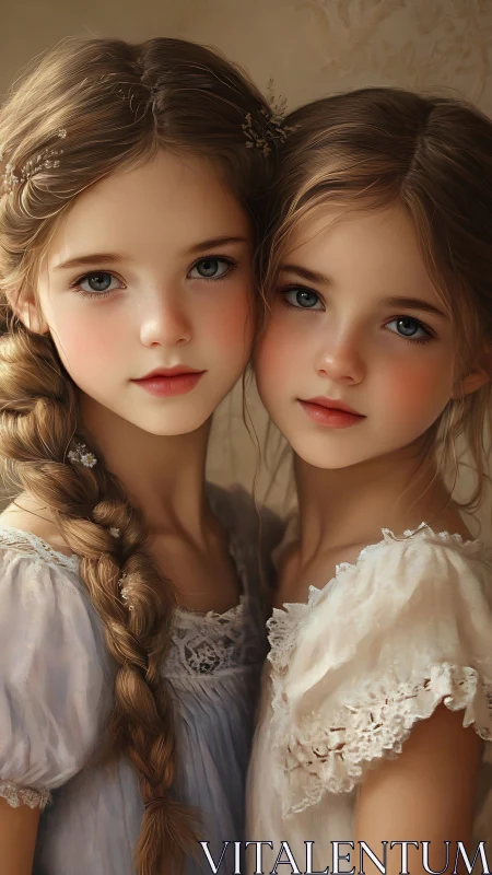 Two Young Girls with Braided Hair in Period Dress.