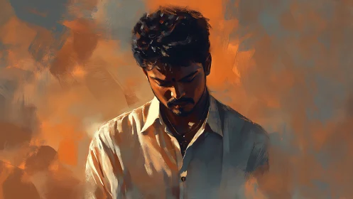 Solitary man in warm light against abstract brushwork backdrop.