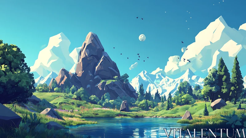 Stylized alpine valley with sharp peaks and clear lake.