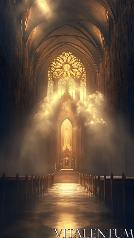 Sunlit gothic cathedral nave with glowing central altar.