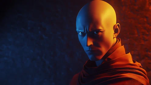 Stoic guardian in blue and orange light, watching quietly.