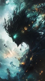 Cosmic wraith profile dissolving into luminous nebula clouds.