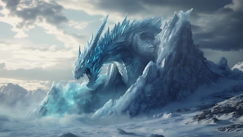 Glittering ice dragon rises watchfully from a frozen mountain