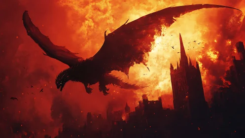 Volcanic-sky dragon over incinerated gothic citadel panorama.