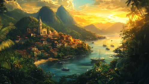 Tropical Harbor at Golden Hour: Architectural Townscape Within Mountain Amphitheater